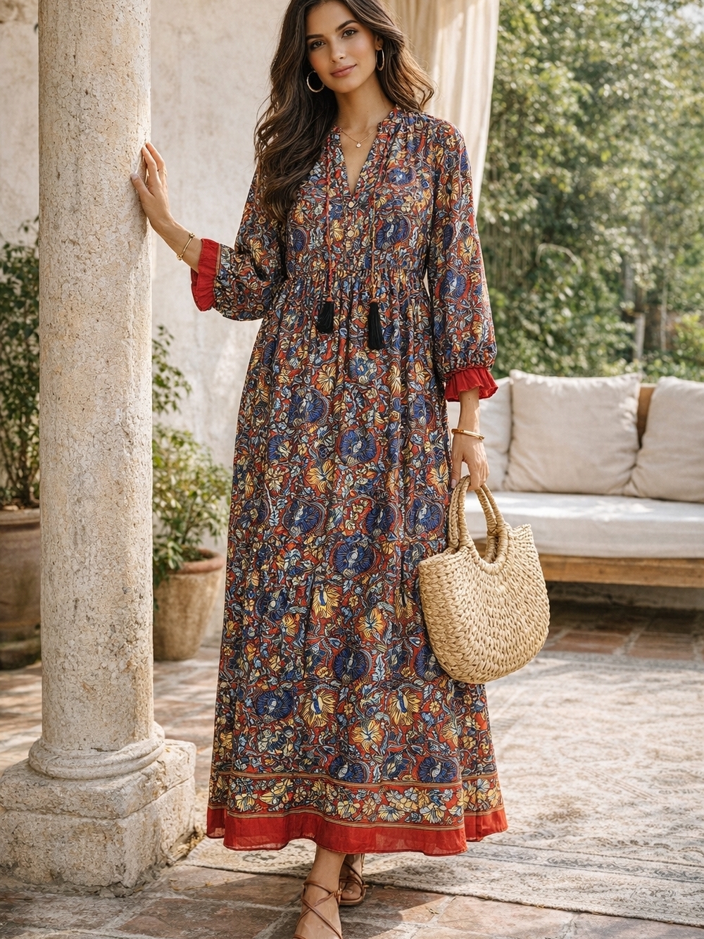 Luukse Boho Floral Maxi Dress Red Blue Tassel Tiered Long Sleeve L